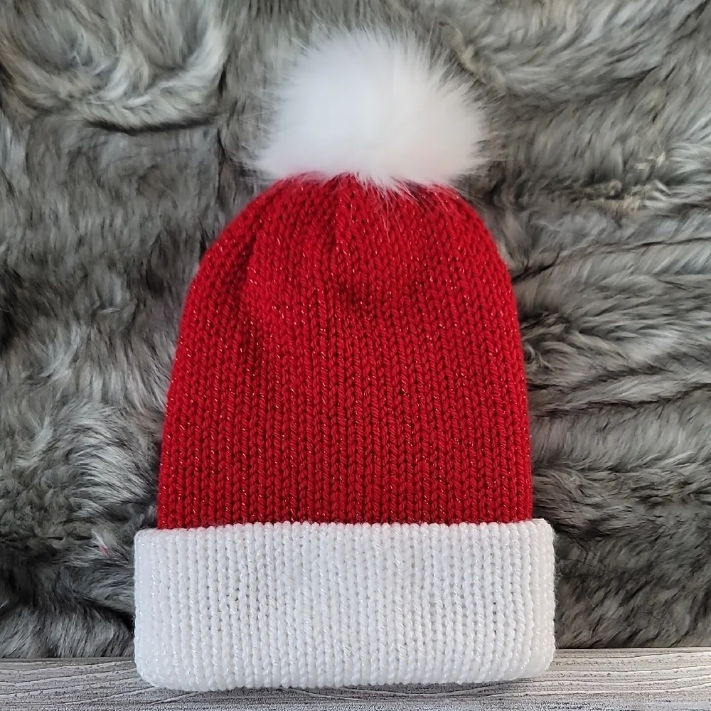 Red and White Kids Pom Pom Beanie